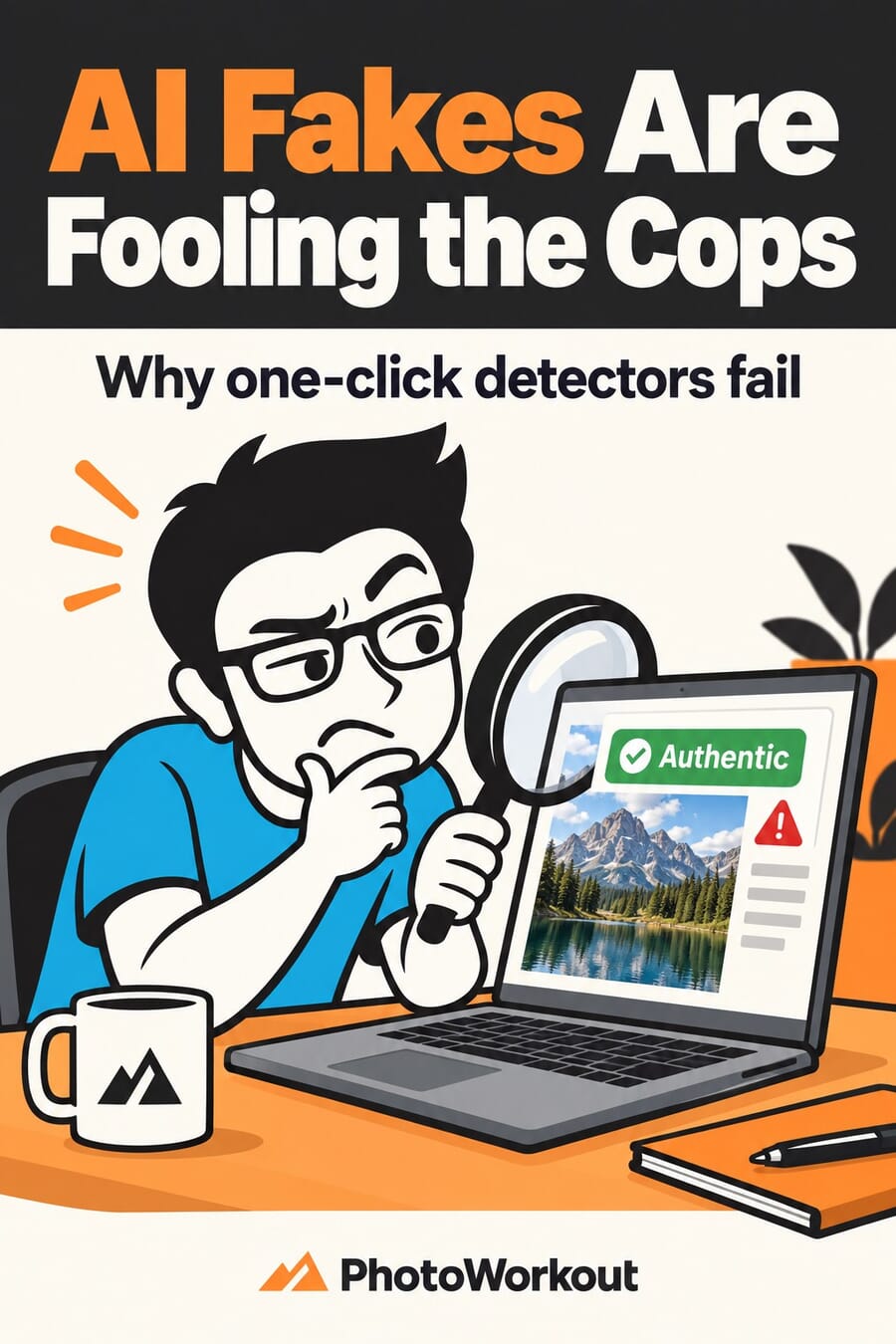 Pinterest graphic: AI fakes are fooling the cops, why one-click AI detectors fail