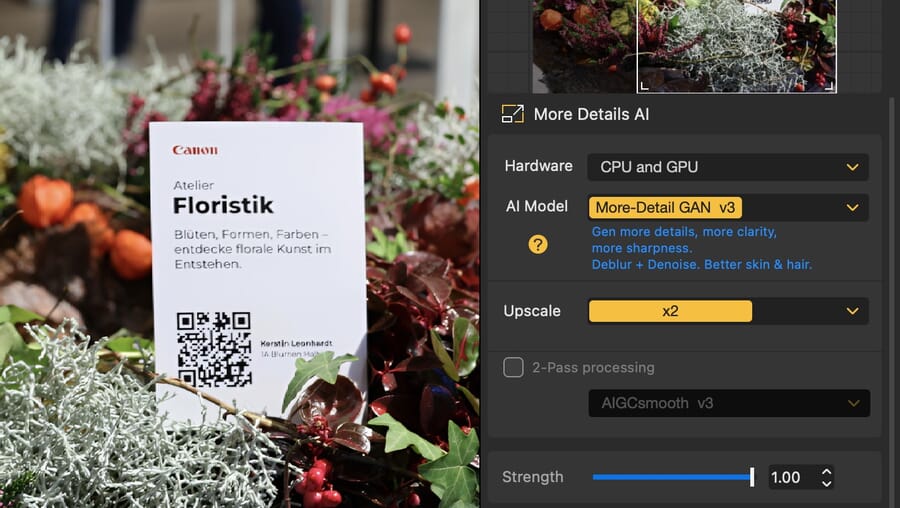 The Aiarty Image Enhancer control panel showing the More-Detail GAN v3 AI model, 2x upscale, and 2-pass processing settings