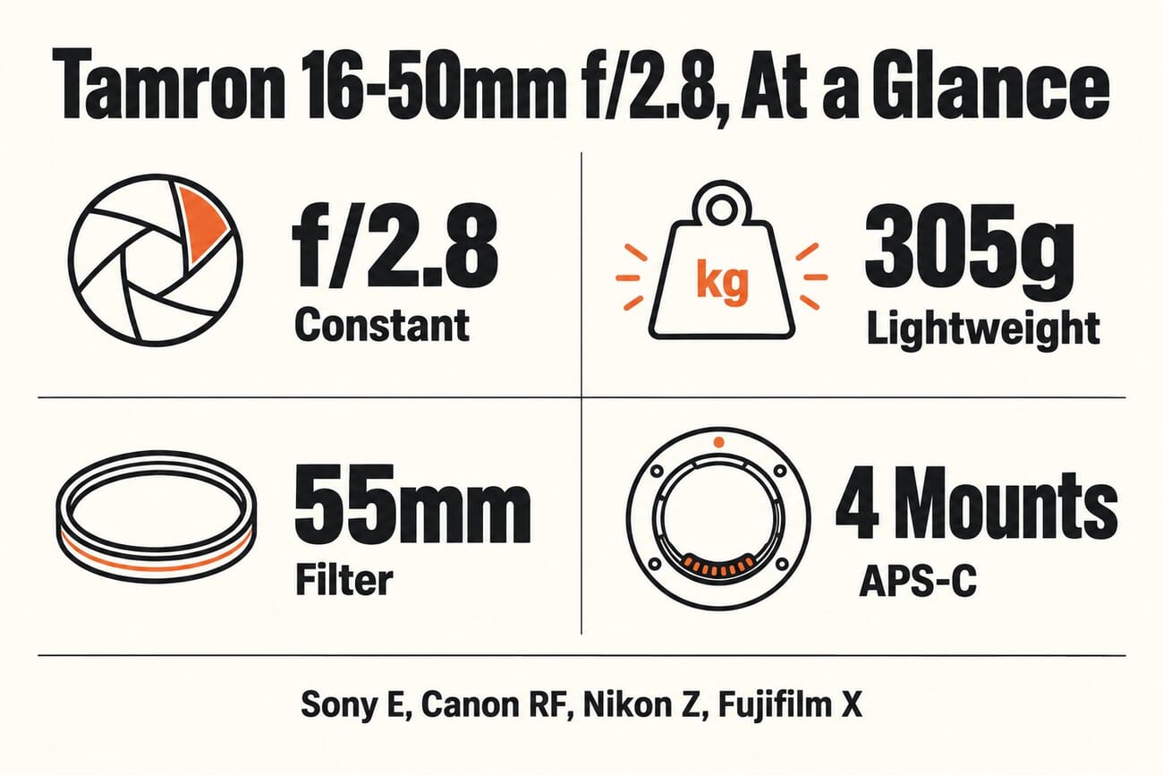 Infographic: Tamron 16-50mm f/2.8 at a glance, constant f/2.8, 305g, 55mm filter, 4 APS-C mounts