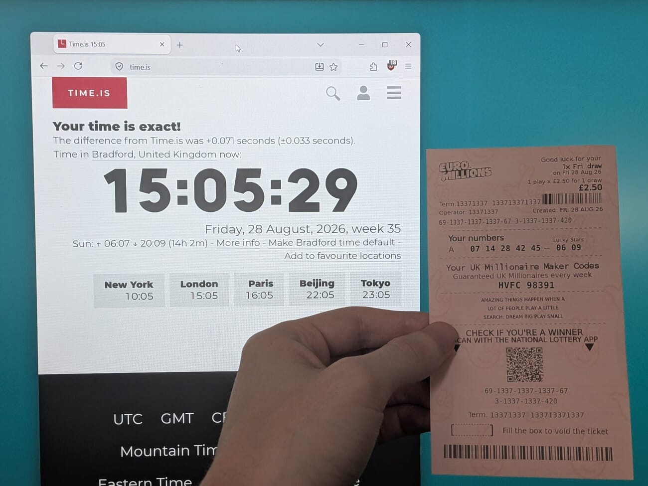 David Buchanan holds a EuroMillions lottery ticket beside a clock, the photo he signed with C2PA metadata falsely claiming it was created before the draw