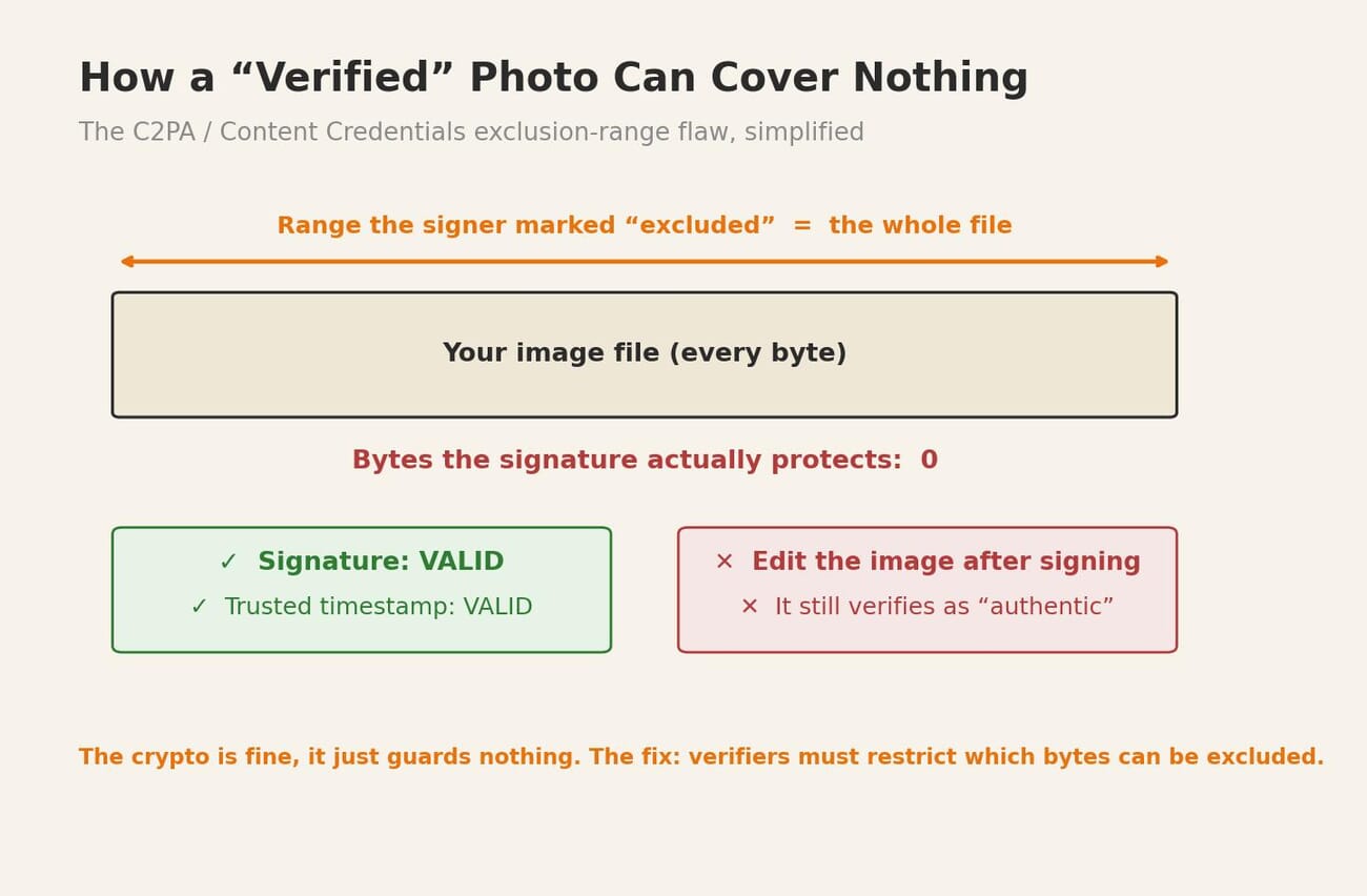 Diagram explaining the C2PA exclusion-range flaw: the signer marks the whole file as excluded, so the signature protects zero bytes yet still verifies as valid