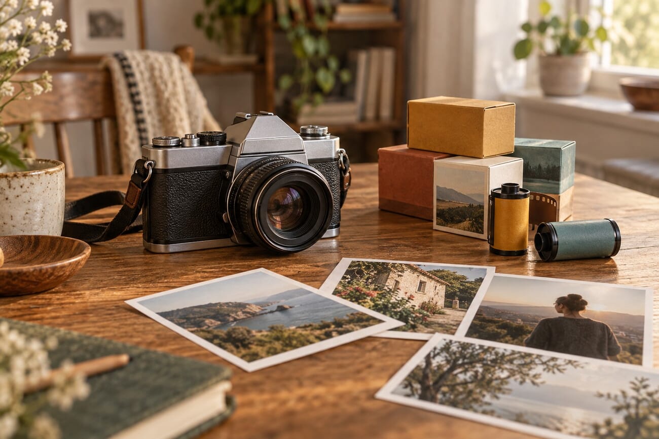 A classic 35mm film camera on a wooden table beside a small stack of colorful boxed film rolls and a few printed photos in warm light