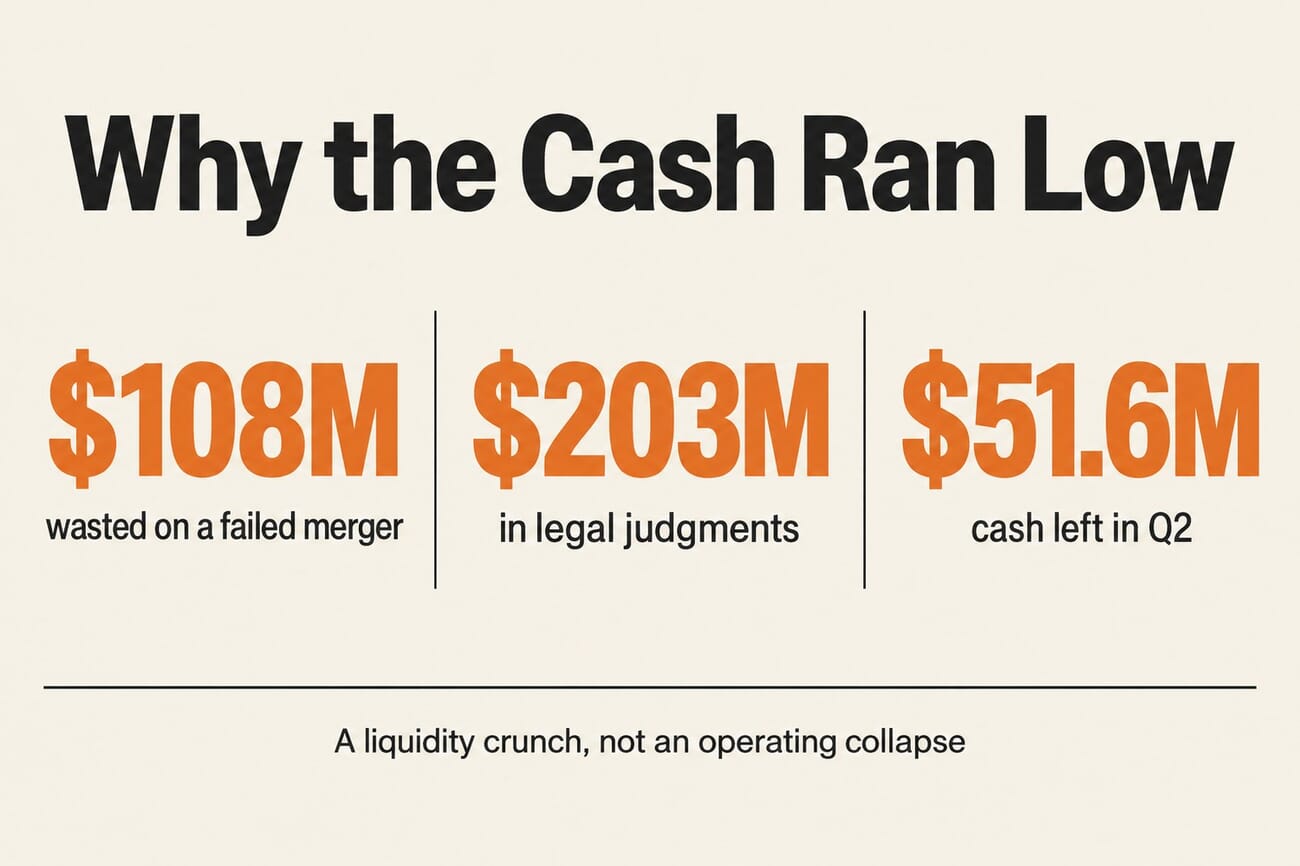 Infographic: $108M wasted on a failed merger, $203M in legal judgments, $51.6M cash left in Q2, a liquidity crunch not an operating collapse