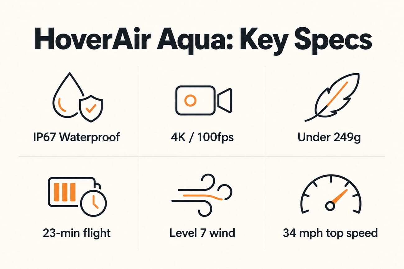 Infographic of HoverAir Aqua key specs: IP67 waterproof, 4K 100fps, under 249g, 23-minute flight, Level 7 wind, 34 mph top speed
