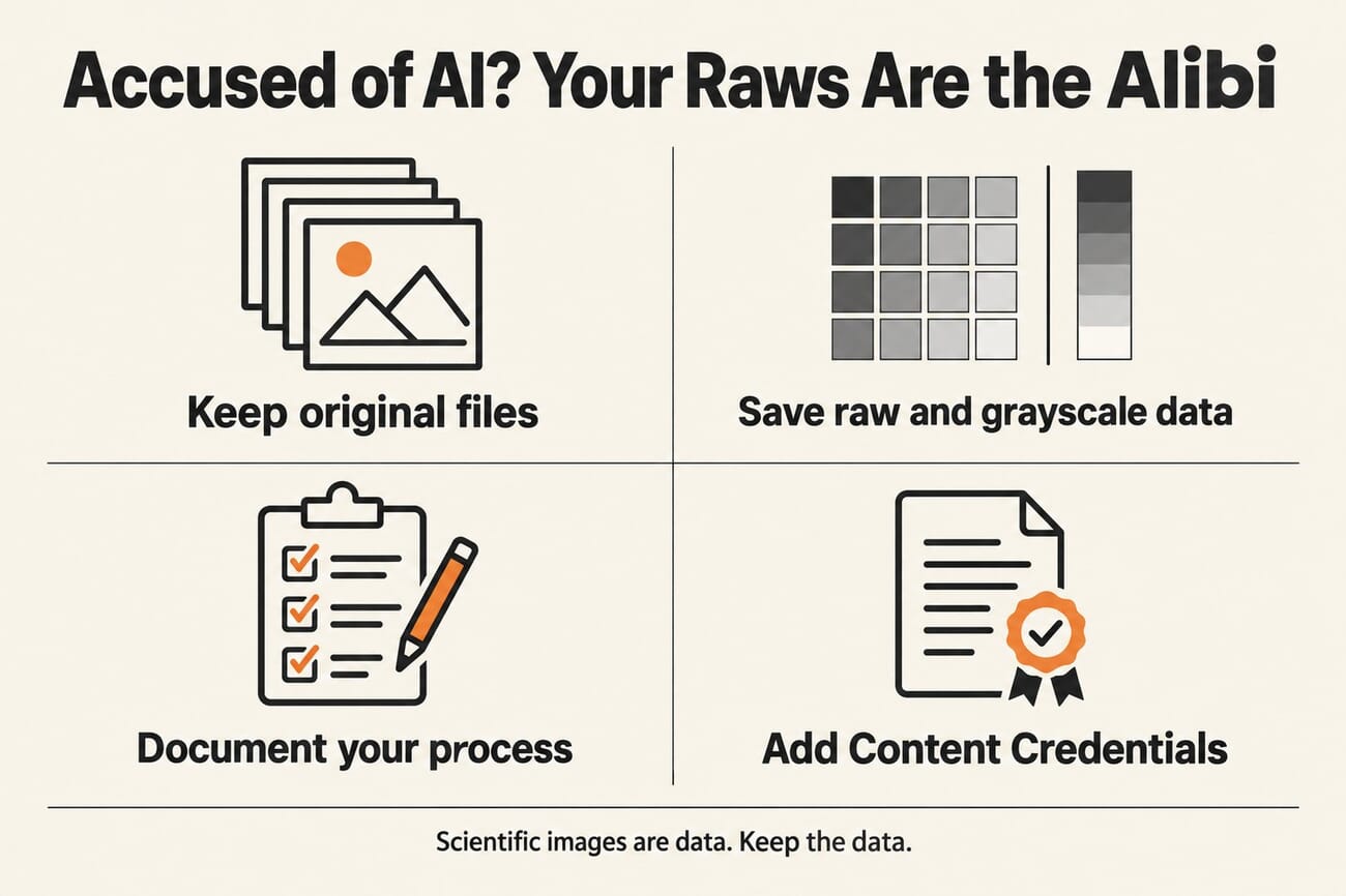 Infographic: if you are accused of AI, your raw files are the alibi, keep originals, raw data, document your process, add Content Credentials