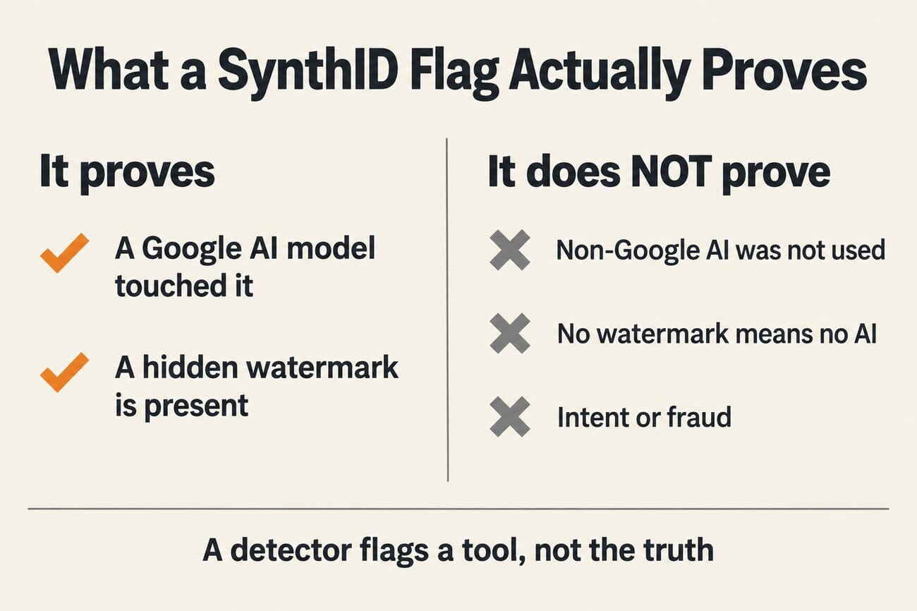 Infographic explaining what a Google SynthID flag proves and does not prove about an AI image