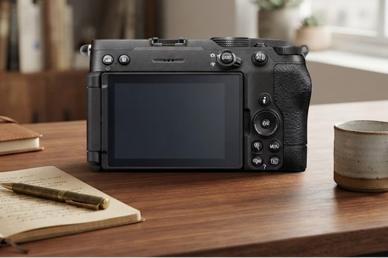 Nikon Z5IIC seen from the back, showing the flat top plate with no viewfinder hump and the screen-first control layout
