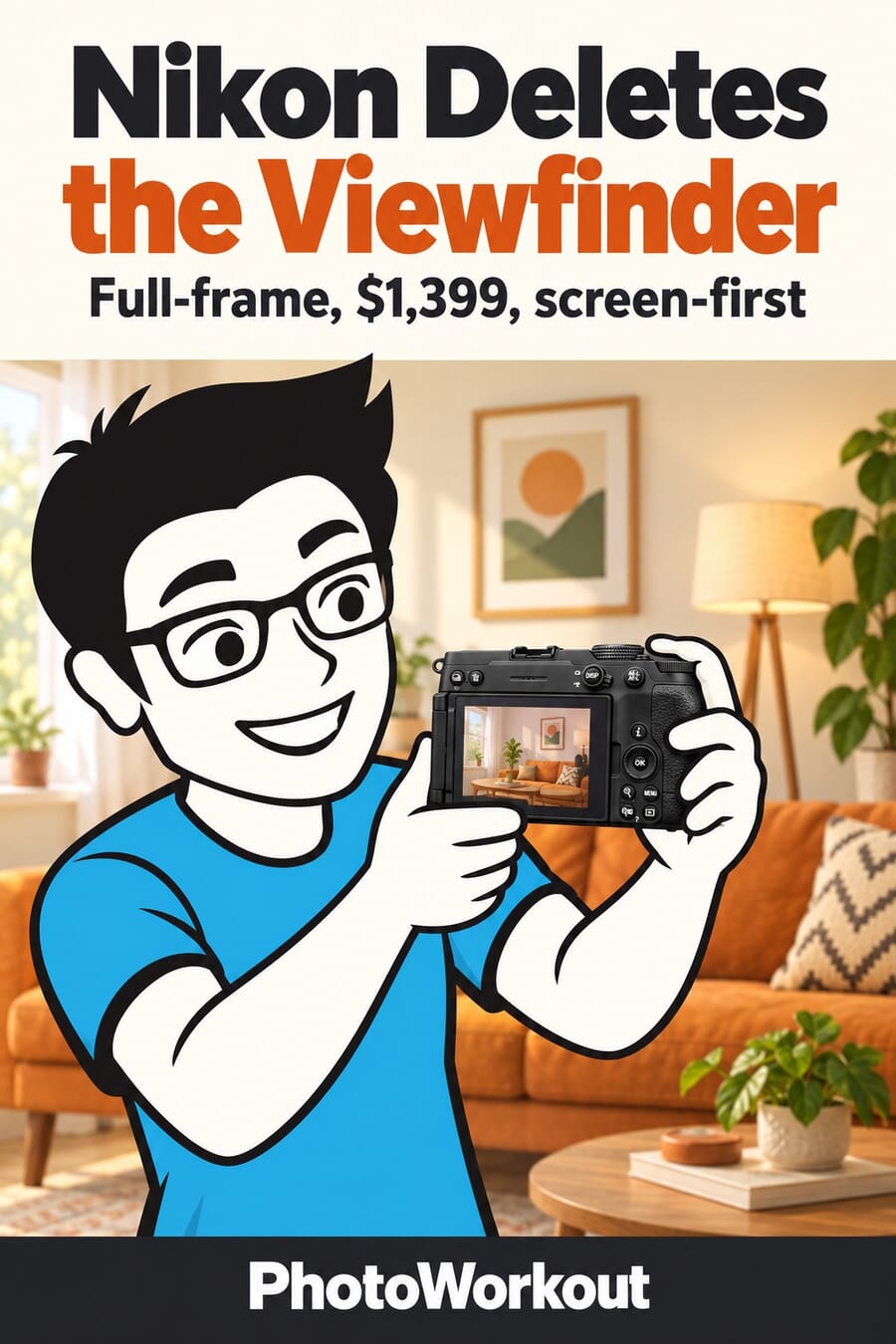 Pinterest graphic: Nikon deletes the viewfinder, full-frame for $1,399, screen-first