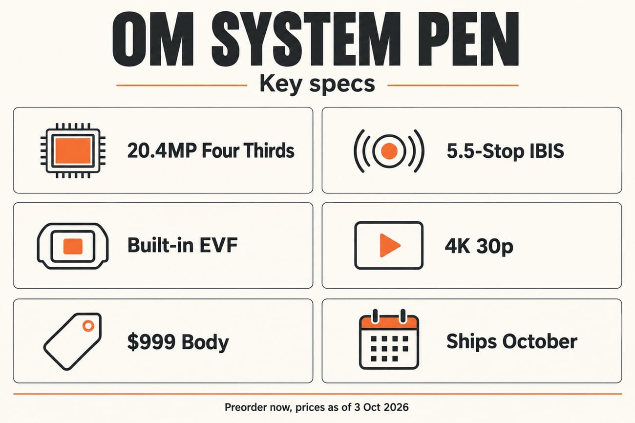 Infographic of OM System PEN key specs: 20.4MP Four Thirds sensor, 5.5-stop IBIS, built-in EVF, 4K 30p video, $999 body, shipping October 2026
