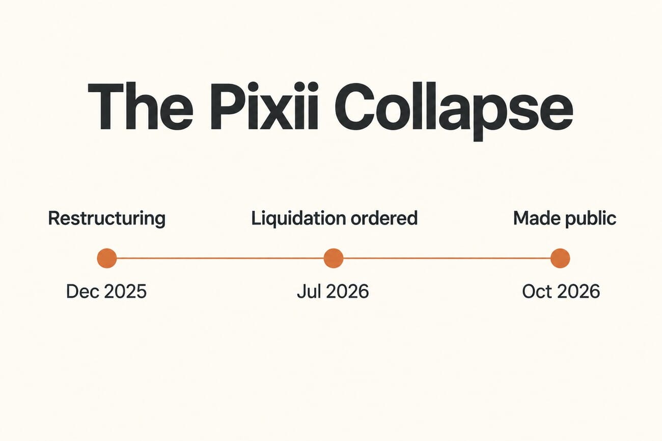 Infographic timeline of the Pixii collapse: restructuring in December 2025, liquidation ordered July 2026, made public October 2026