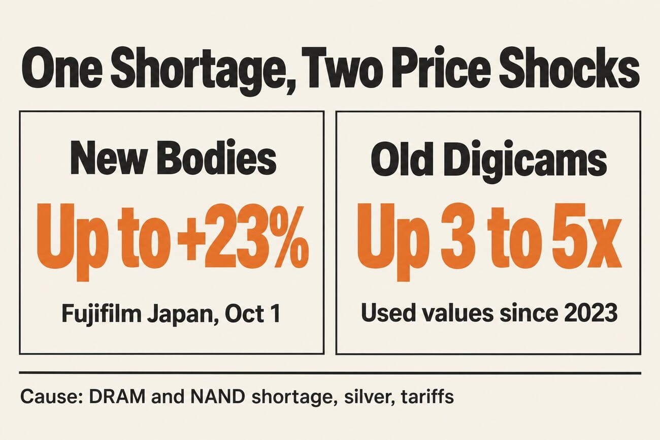 Infographic: one shortage, two price shocks. New bodies up to +23%, old digicams up 3 to 5x.