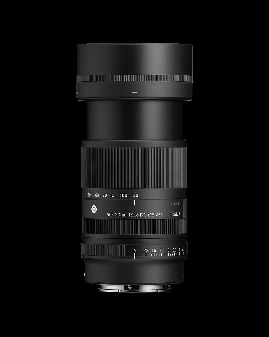 Sigma 50-120mm f/2.8 DC OS Contemporary product render showing the aperture ring, zoom scale and 55mm filter thread