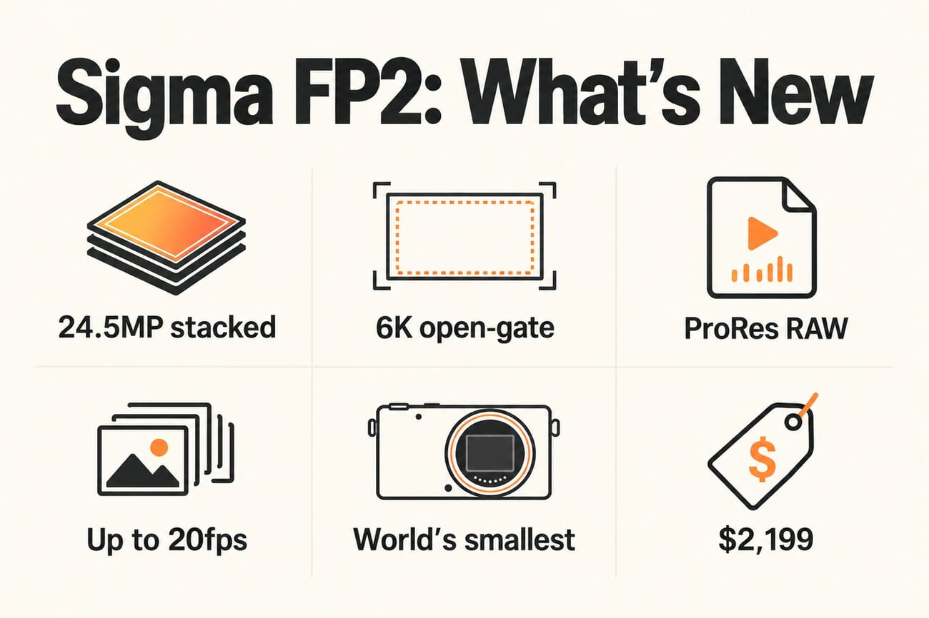 Infographic of Sigma FP2 upgrades: 24.5MP stacked sensor, 6K open-gate, ProRes RAW, up to 20fps, world's smallest full-frame, $2,199