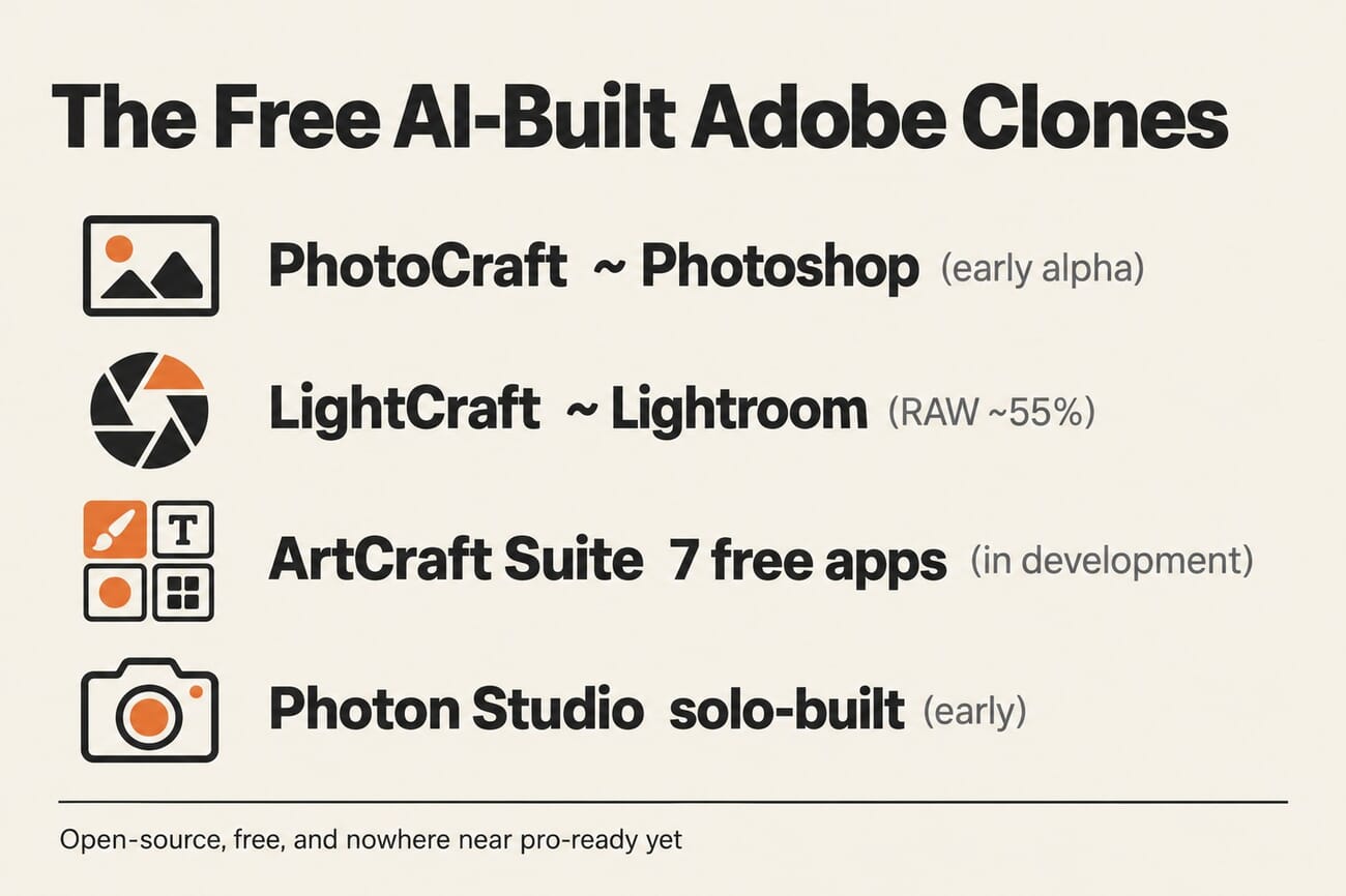 Infographic listing free AI-built Adobe clones: PhotoCraft (Photoshop, early alpha), LightCraft (Lightroom, RAW 55%), the ArtCraft suite of seven apps, and Photon Studio