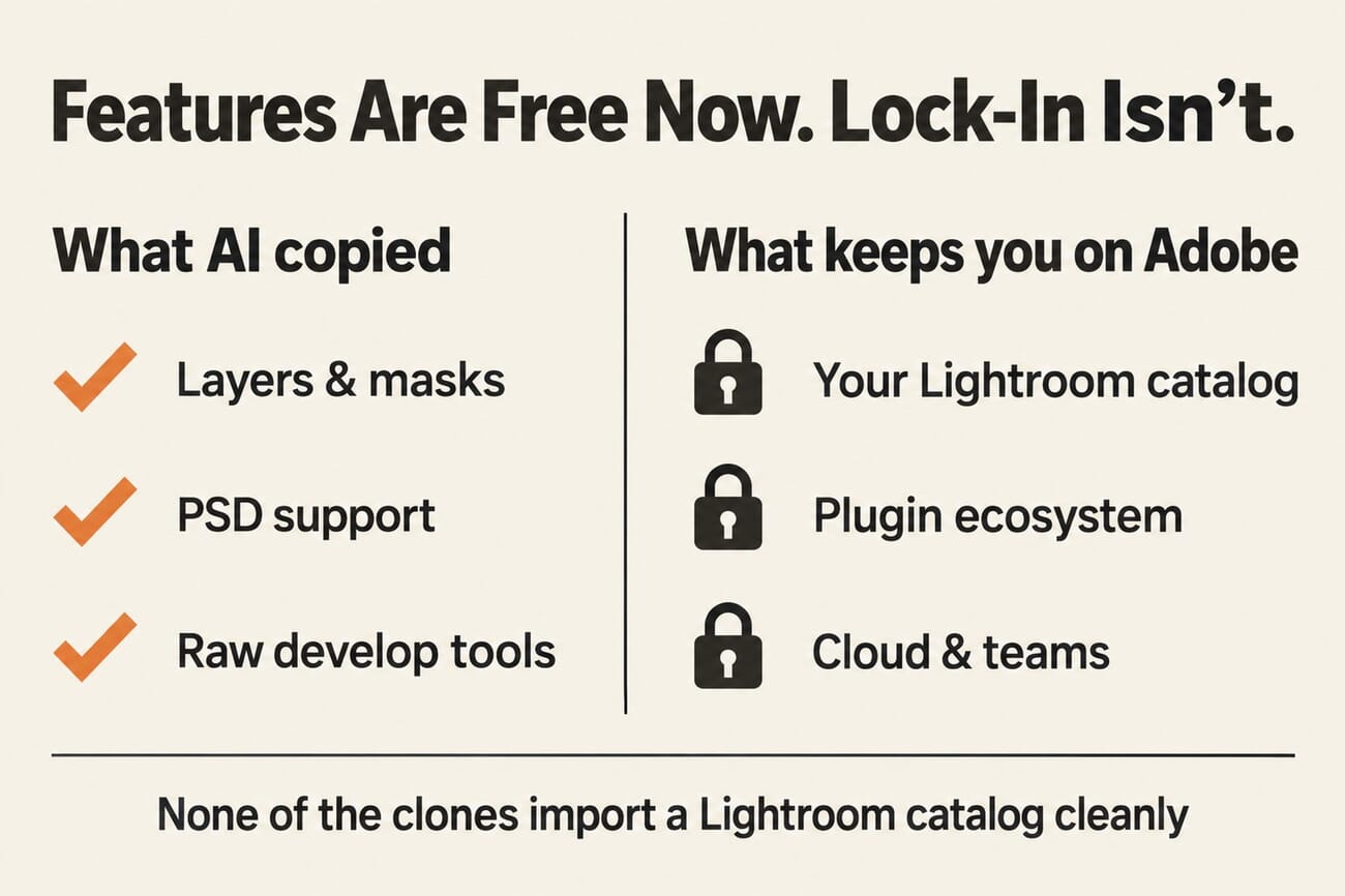 Infographic: features AI copied (layers, PSD support, raw develop) versus what keeps photographers on Adobe (Lightroom catalog, plugin ecosystem, cloud and teams)