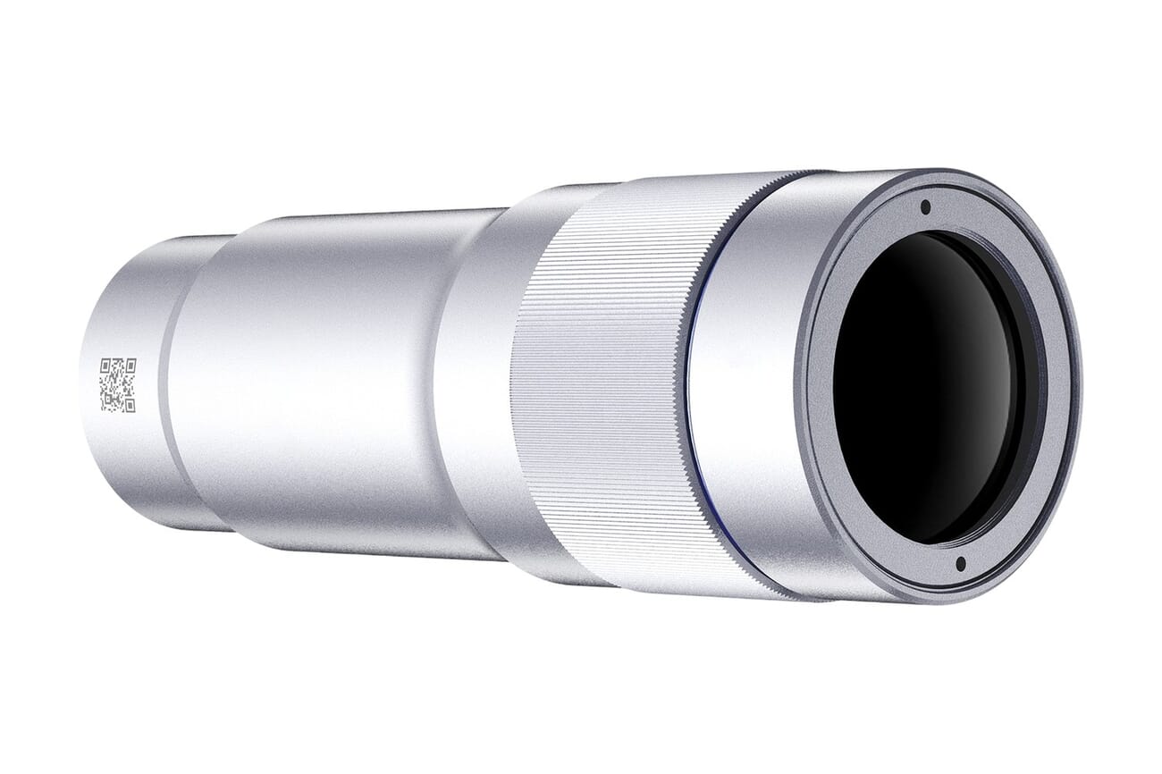 Vivo ZEISS Telephoto Extender Gen 2 Ultra teleconverter, a silver aluminum lens barrel that clips onto the X500 Pro Max