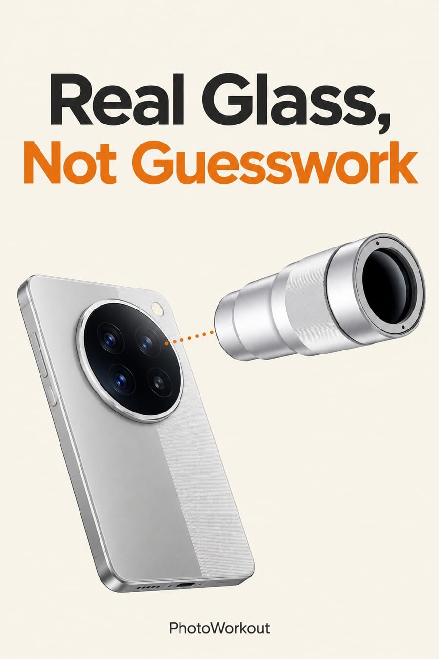 Vertical graphic: Real Glass, Not Guesswork, the Vivo X500 Pro Max and its ZEISS clip-on teleconverter