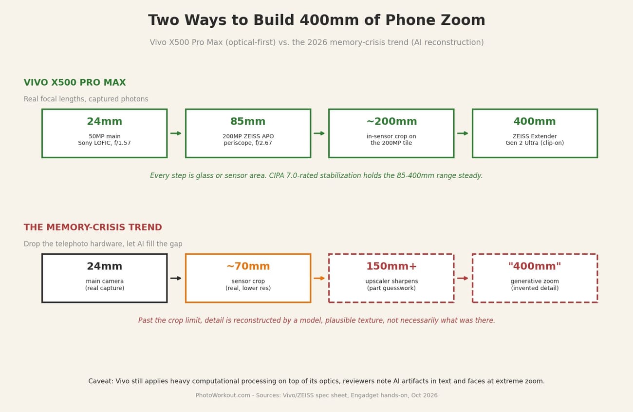 Infographic comparing the Vivo X500 Pro Max optical zoom chain (24mm to 400mm through glass) with the memory-crisis trend of AI-reconstructed zoom