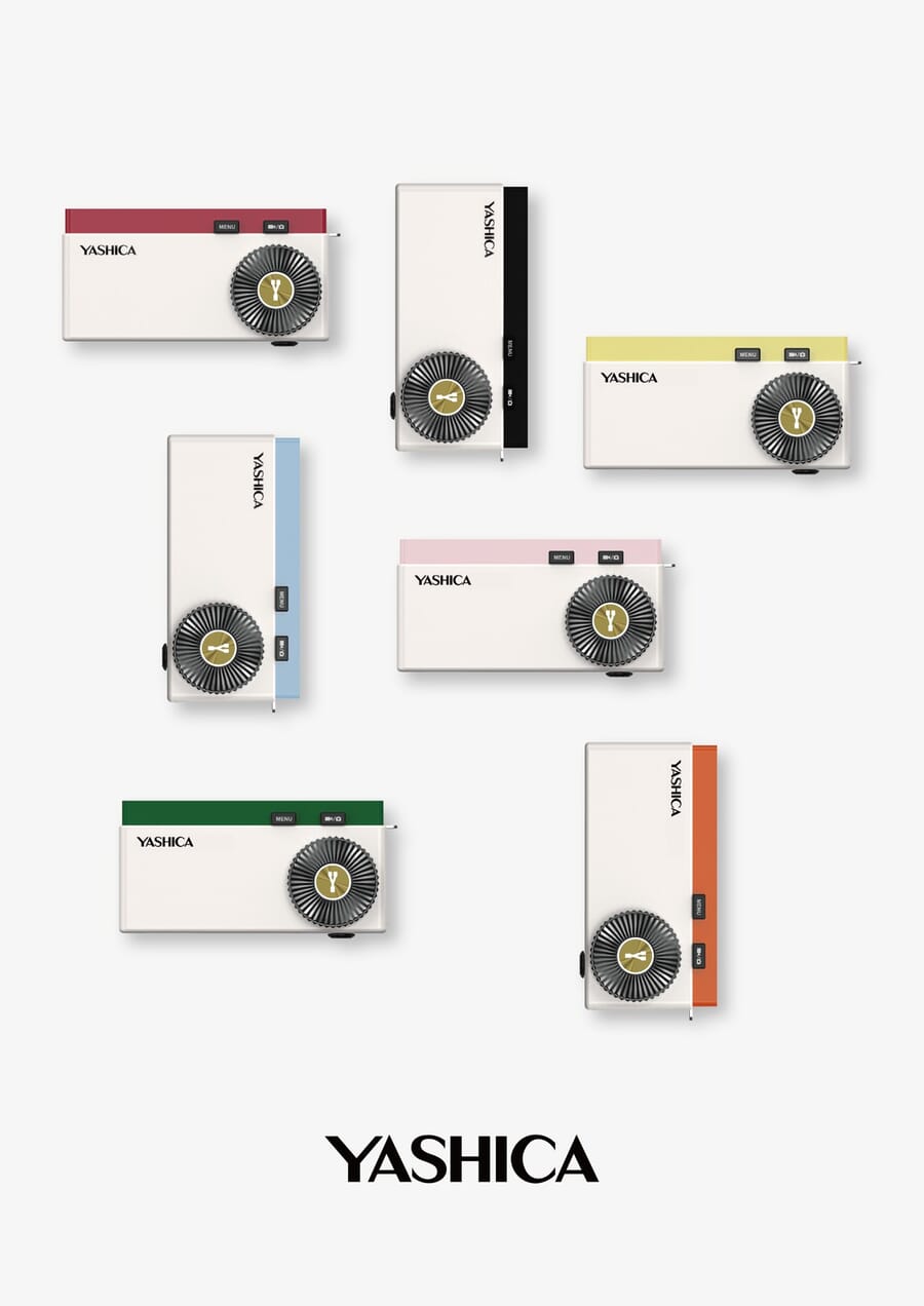 The Yashica Y16 shown in all seven colorways on vintage-white bodies