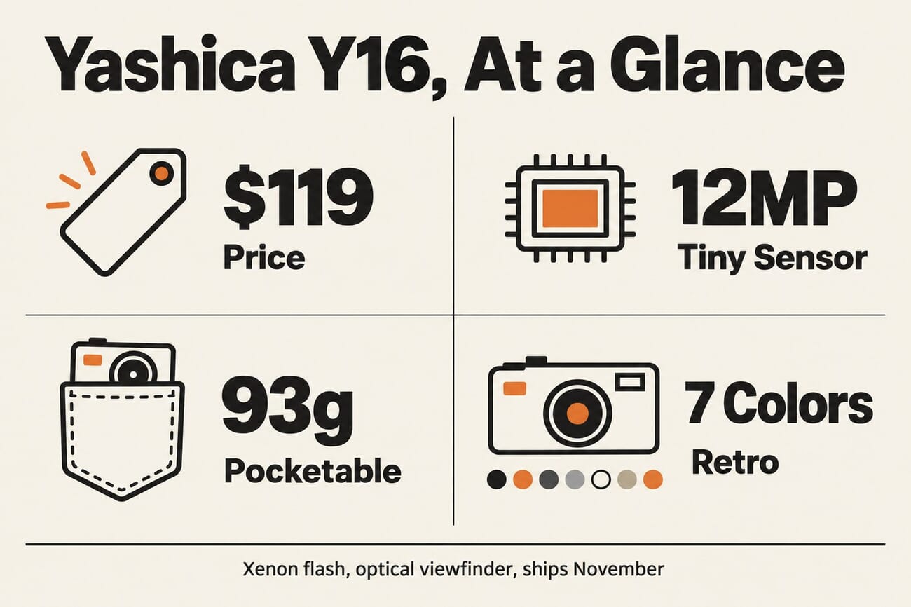 Infographic: Yashica Y16 at a glance, $119, 12MP tiny sensor, 93g pocketable, 7 colors