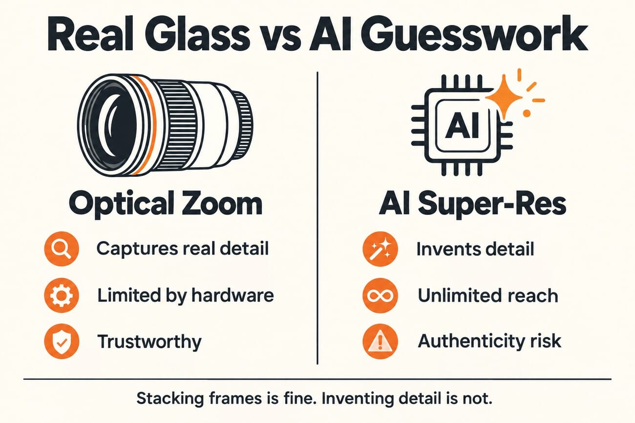 Infographic comparing optical zoom and AI super-resolution: optical captures real detail and is trustworthy but hardware-limited, while AI super-res invents detail with unlimited reach but authenticity risk