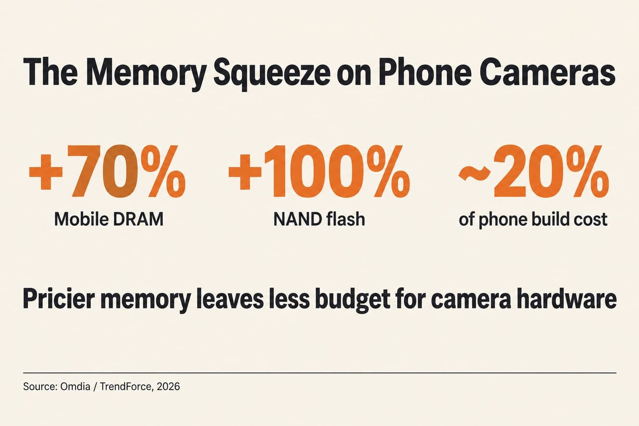 Infographic titled The Memory Squeeze on Phone Cameras, showing mobile DRAM up 70 percent, NAND flash up 100 percent, and memory at about 20 percent of a phone's build cost