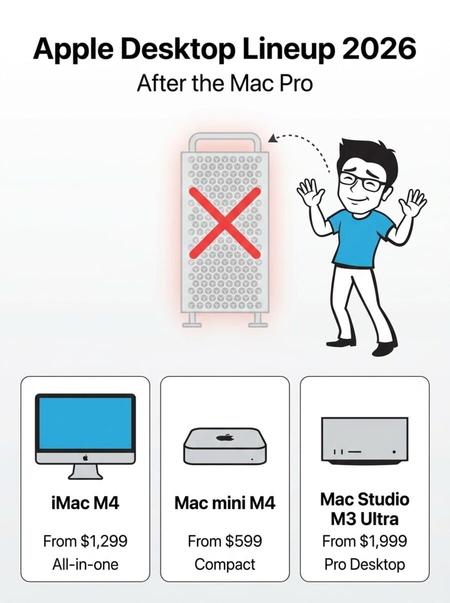 Infographic showing Apple's 2026 desktop lineup after Mac Pro discontinuation - iMac, Mac mini, and Mac Studio