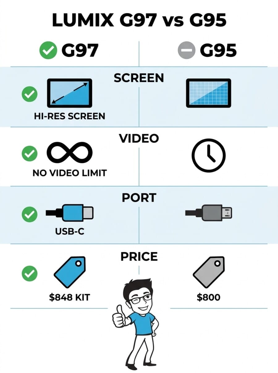Panasonic Lumix G97 vs G95 comparison infographic showing key differences