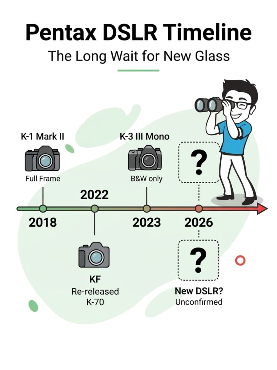 Infographic showing Pentax DSLR release timeline from K-1 Mark II in 2018 to rumored 2026 model