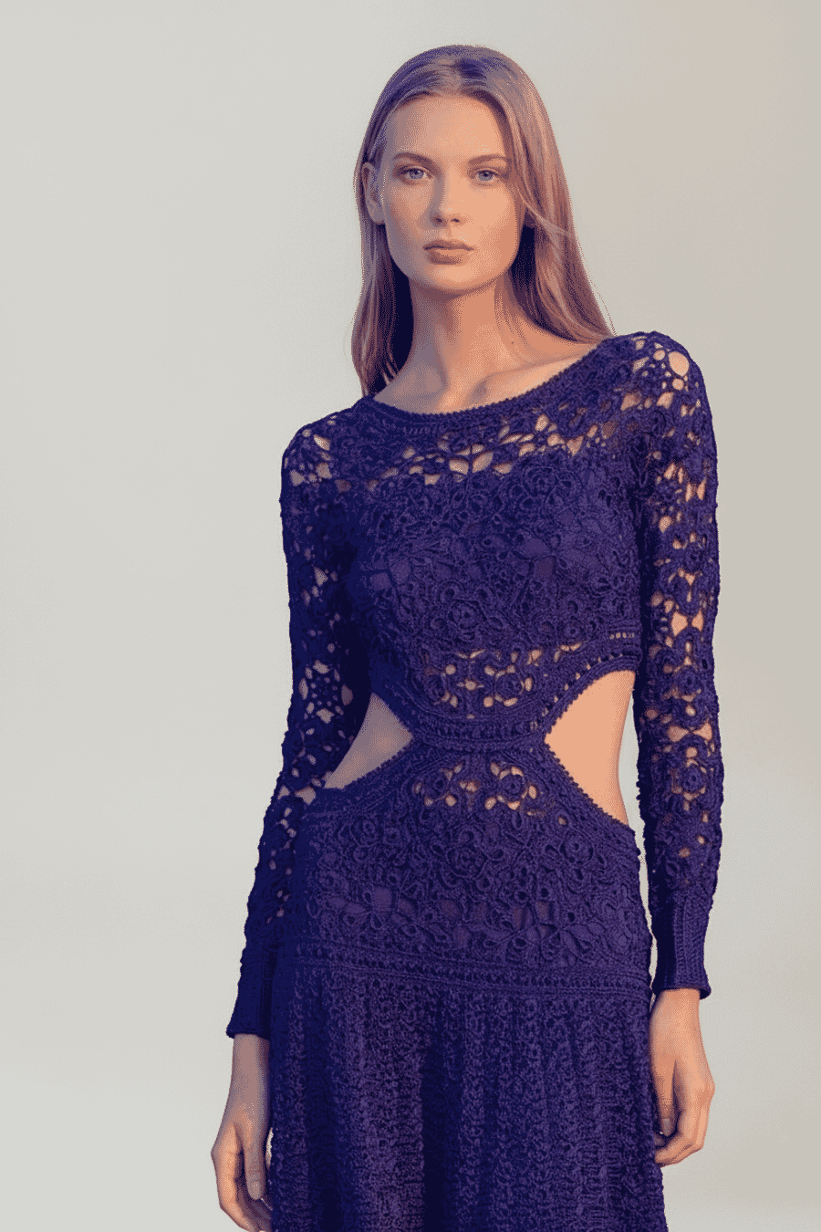 AI virtual model Maya wearing navy crochet lace dress in studio setting - Photoroom API output