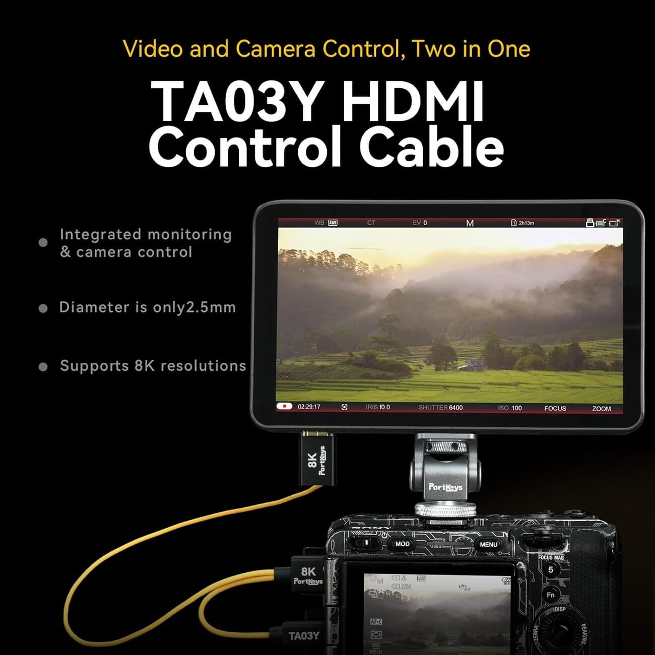 Portkeys LH7C monitor showing the TA03Y combo cable connection
