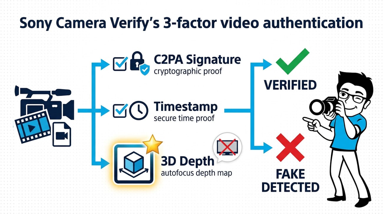 Infographic showing Sony Camera Verify 3-factor authentication: C2PA digital signature, timestamp verification, and 3D depth detection from autofocus — with verified or fake detected outcomes
