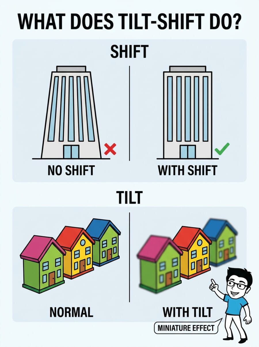 Infographic explaining how tilt-shift photography works - shift corrects converging verticals while tilt controls the focus plane