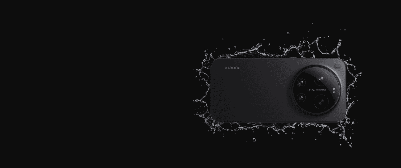 Xiaomi 17 Ultra black model with water splashing around it demonstrating IP68 water resistance