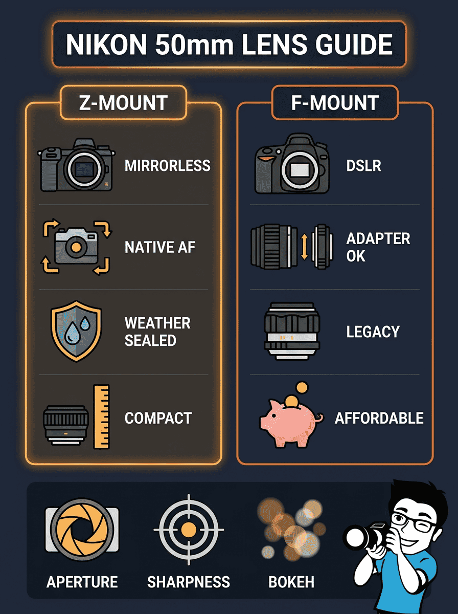 Nikon 50mm lens buying guide infographic comparing Z-mount and F-mount features