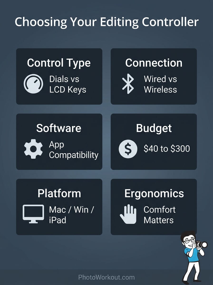 How to choose a photo editing controller - buying guide infographic