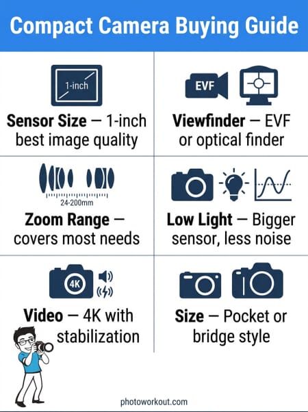 Infographic showing 6 key factors for choosing a compact camera with viewfinder: viewfinder type, sensor size, zoom range, low light performance, video capability, and portability