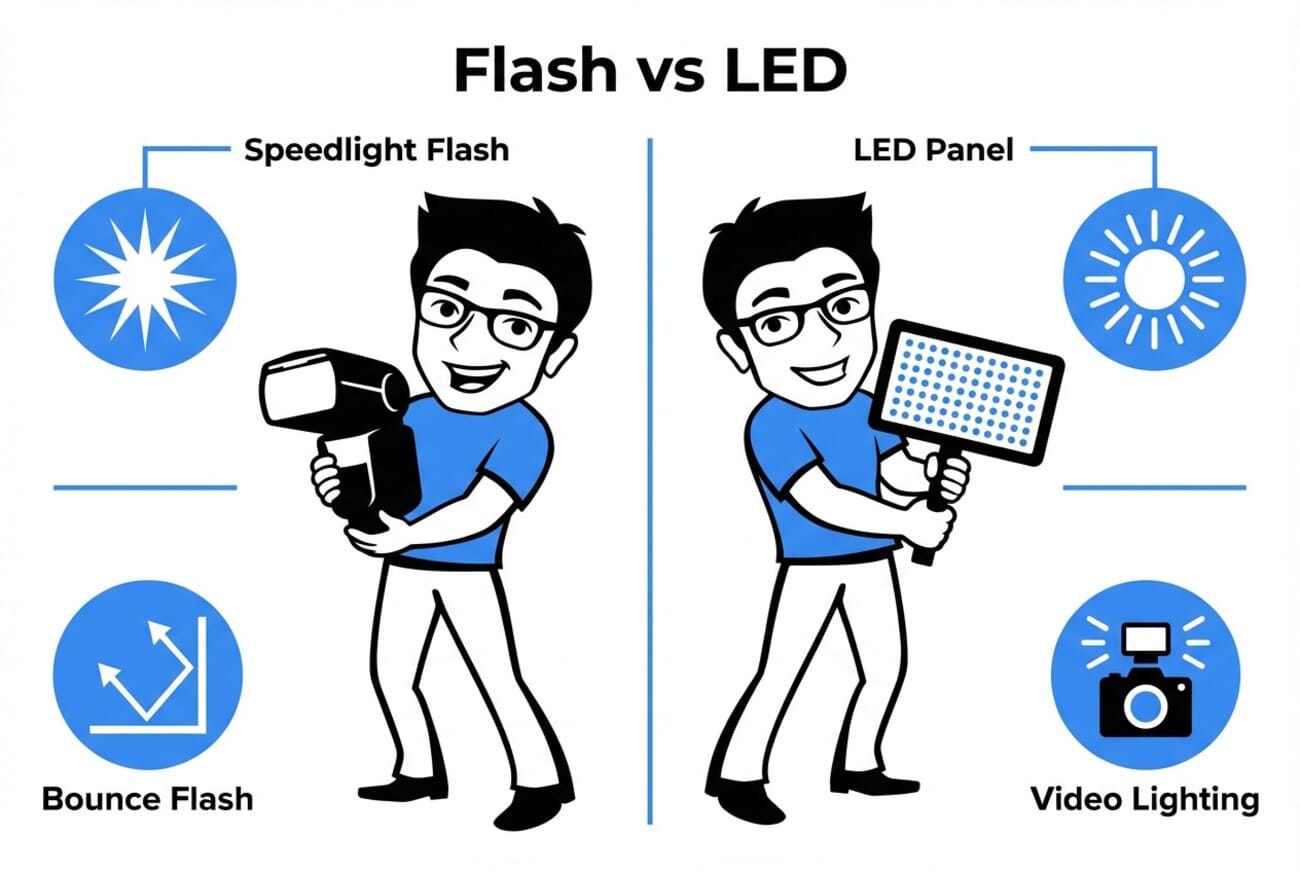 Comparison infographic: speedlight flash vs LED panel