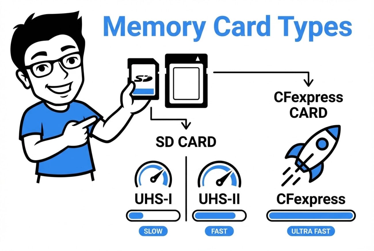 Memory card types comparison: SD UHS-I, UHS-II, and CFexpress