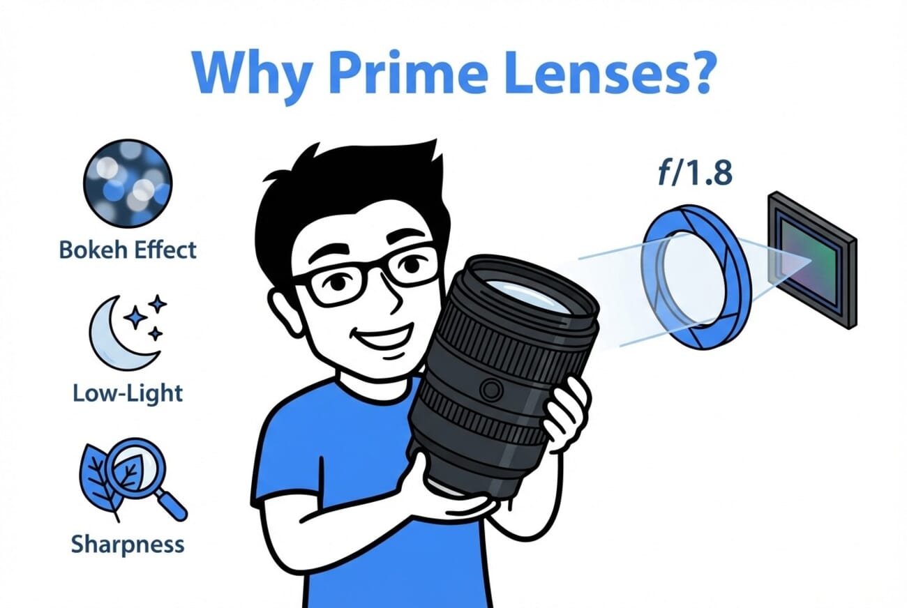 Infographic showing why prime lenses matter: aperture, bokeh, and low-light performance