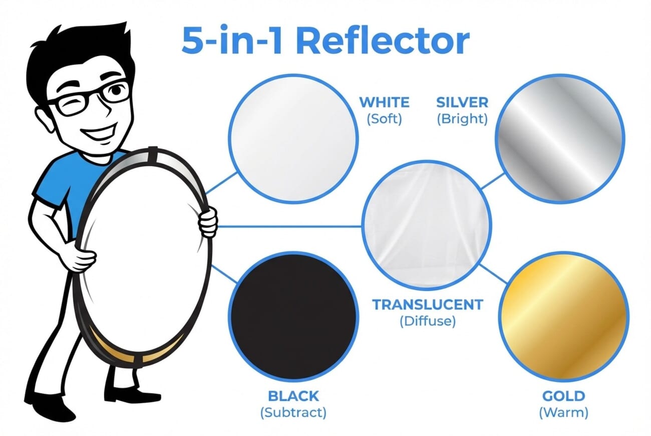 Infographic showing 5-in-1 reflector surfaces and uses