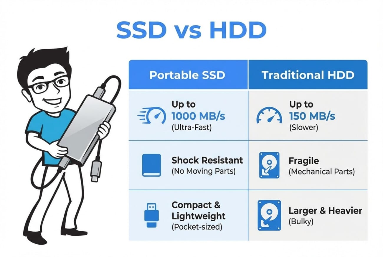 Infographic comparing SSD vs HDD for photo storage