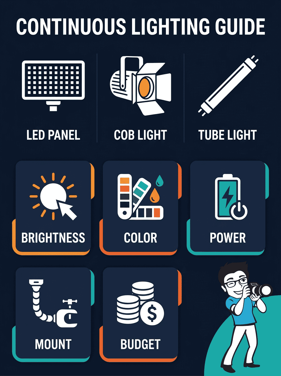 Continuous lighting buying guide infographic showing LED panel, COB light, and tube light types with key buying factors