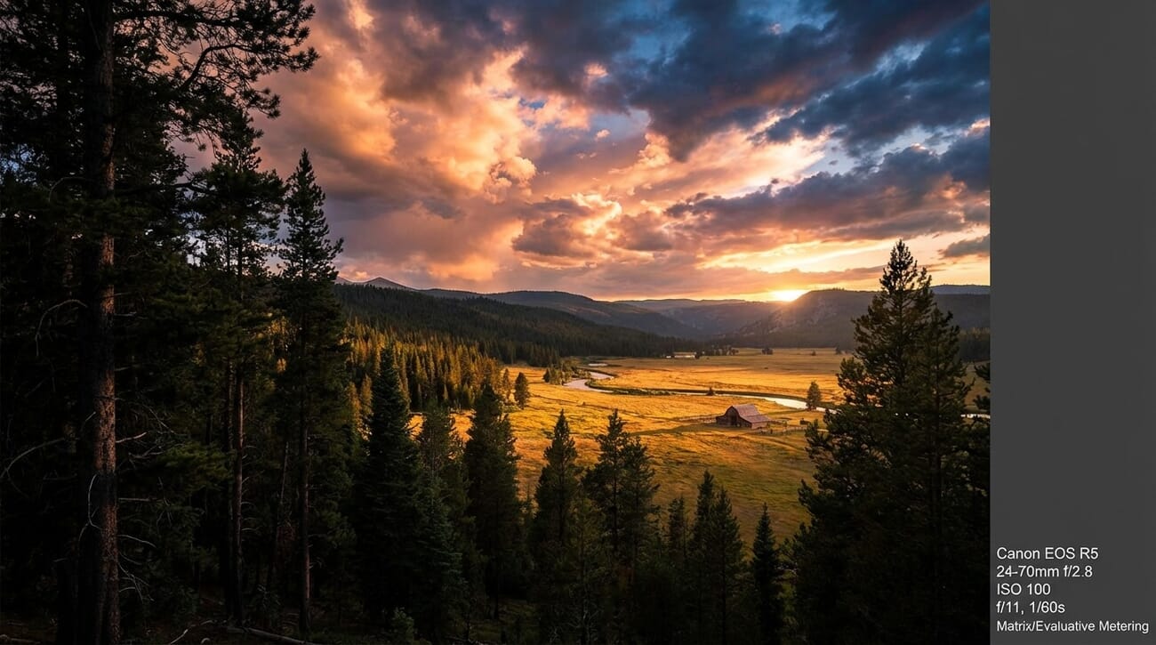 Landscape scene showing balanced exposure with evaluative metering