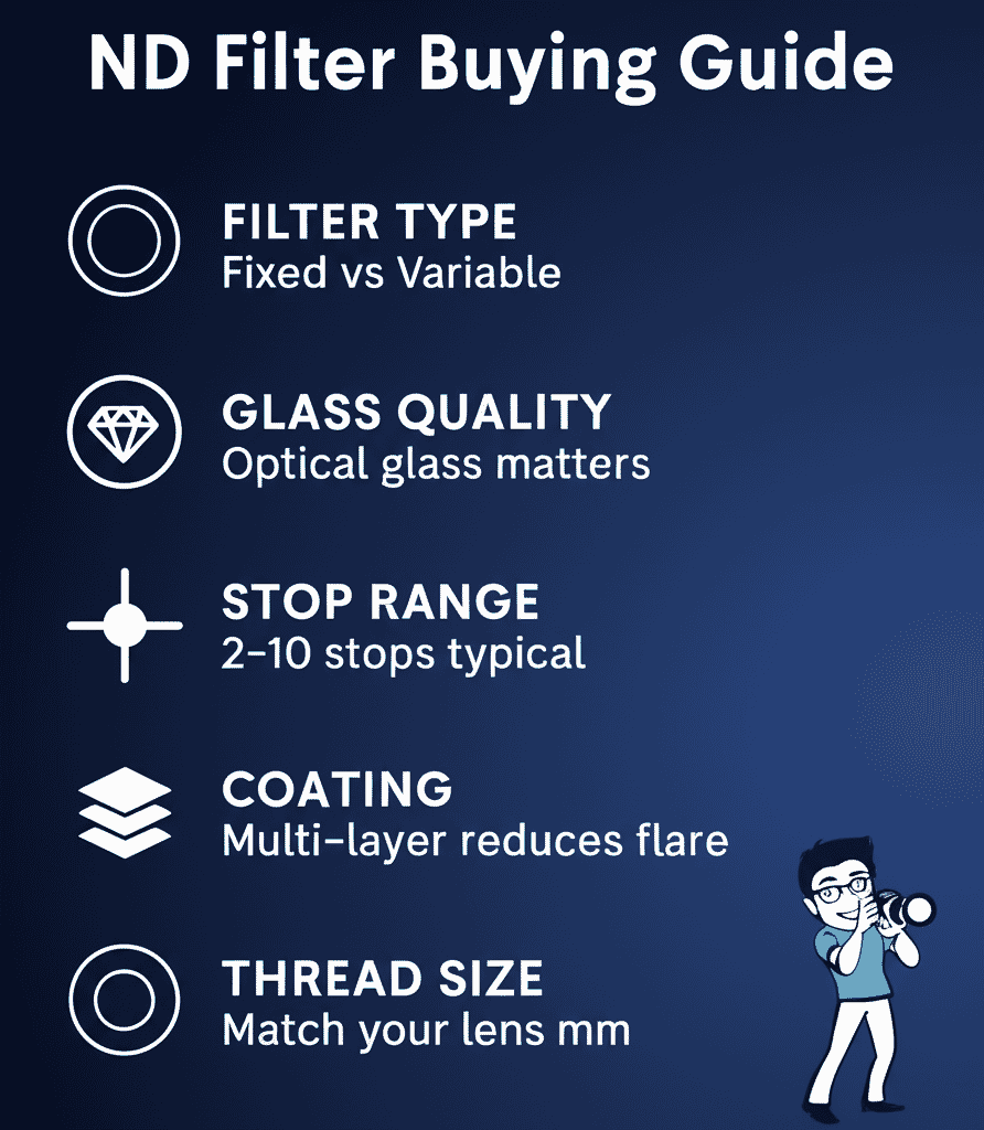 ND filter buying guide infographic showing key factors to consider when choosing filters
