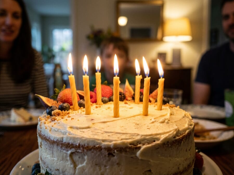Birthday cake with lit candles