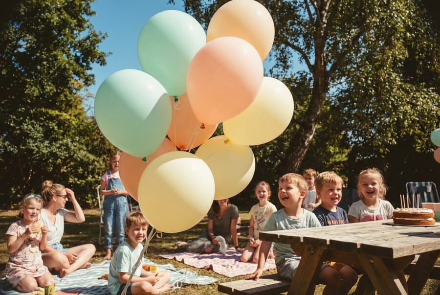 Colorful birthday balloons at outdoor party
