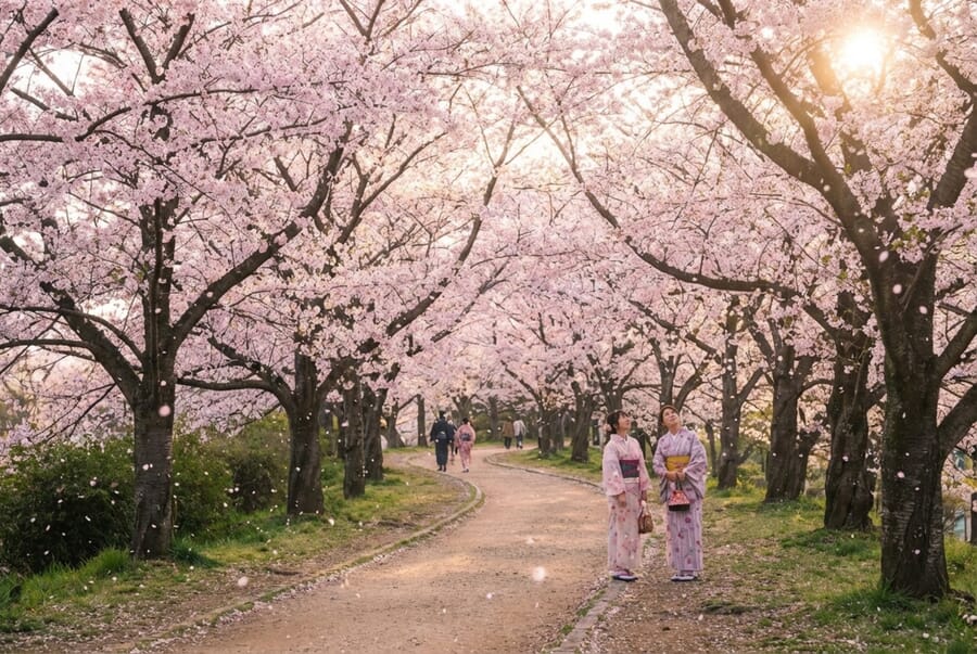 Cherry blossom trees lining a path