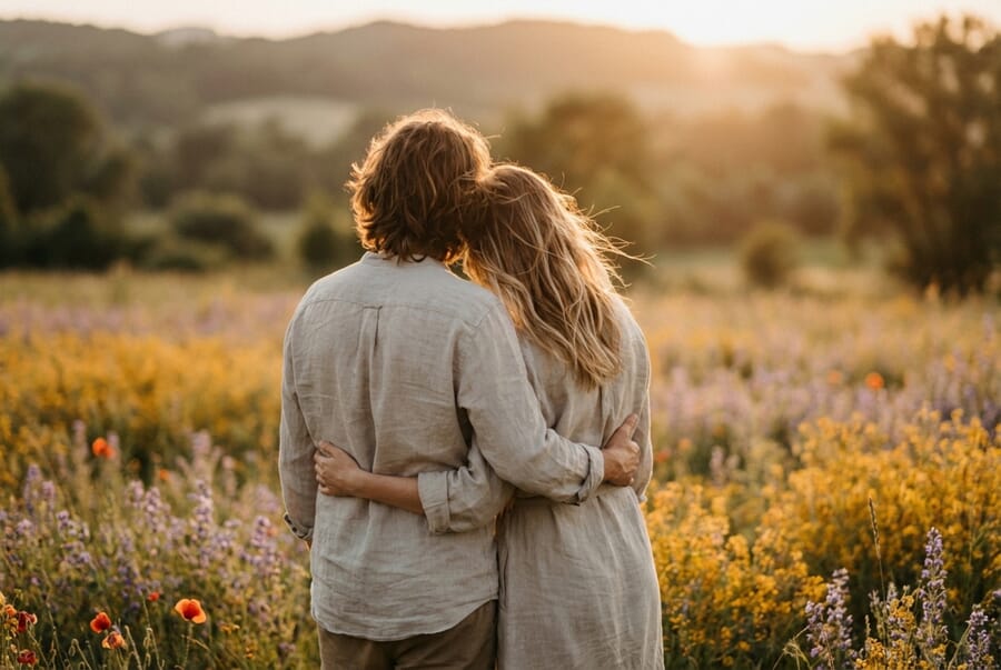 Couple embracing in wildflower meadow