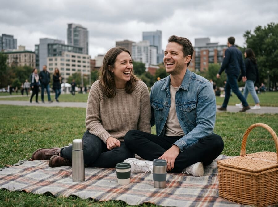 Couple having romantic picnic in park